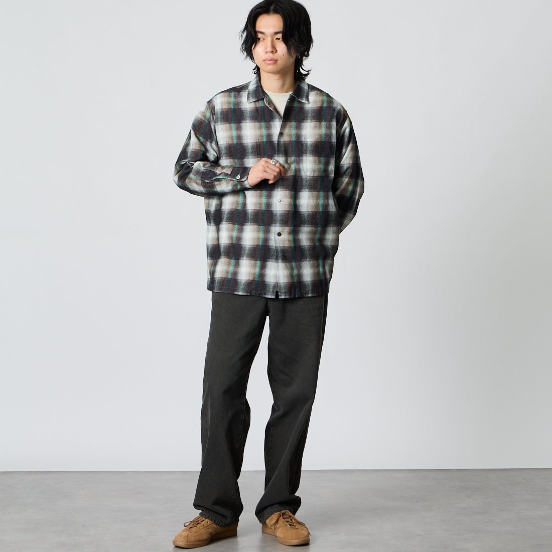 DAN RIVER [ダンリバー] 別注 プリントネルダブルポケットボックスシャツ [DR26F002-JF]GREEN CHK &&モデル身長：177cm 着用サイズ：M&&