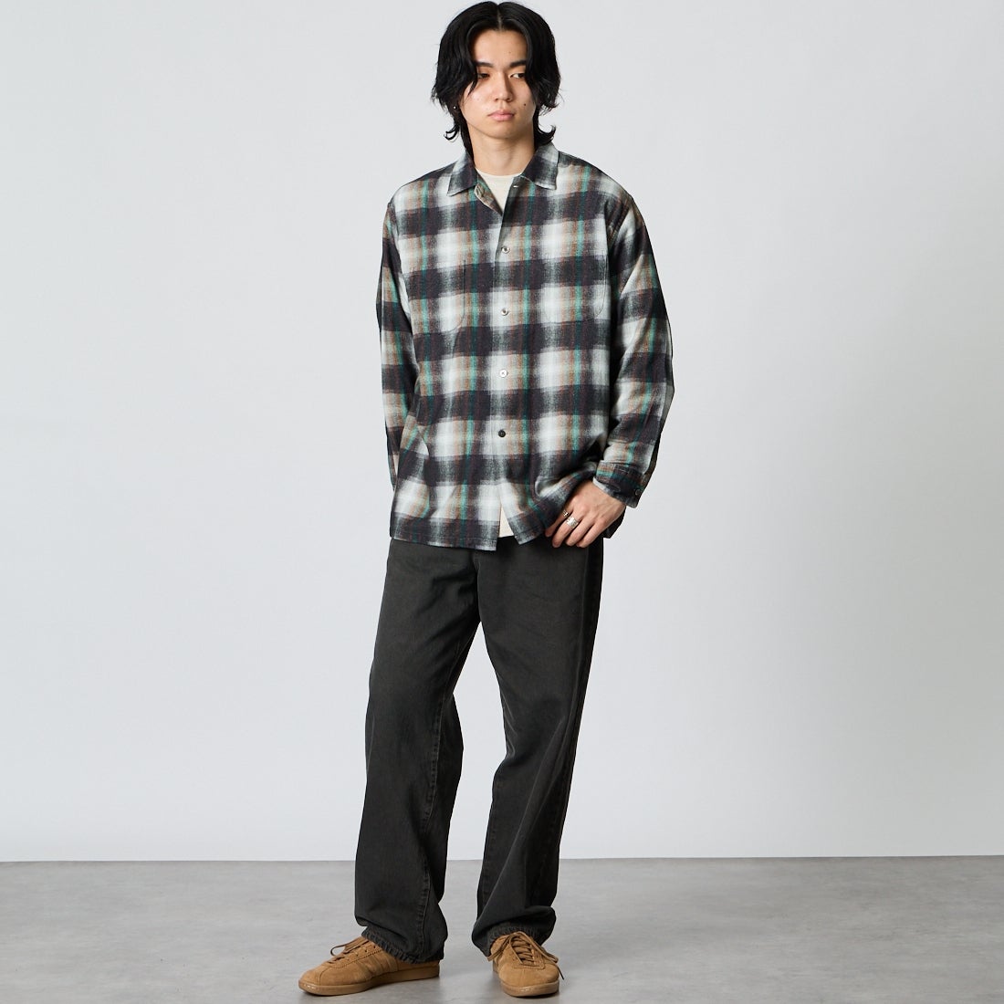DAN RIVER [ダンリバー] 別注 プリントネルダブルポケットボックスシャツ [DR26F002-JF]GREEN CHK &&モデル身長：177cm 着用サイズ：M&&