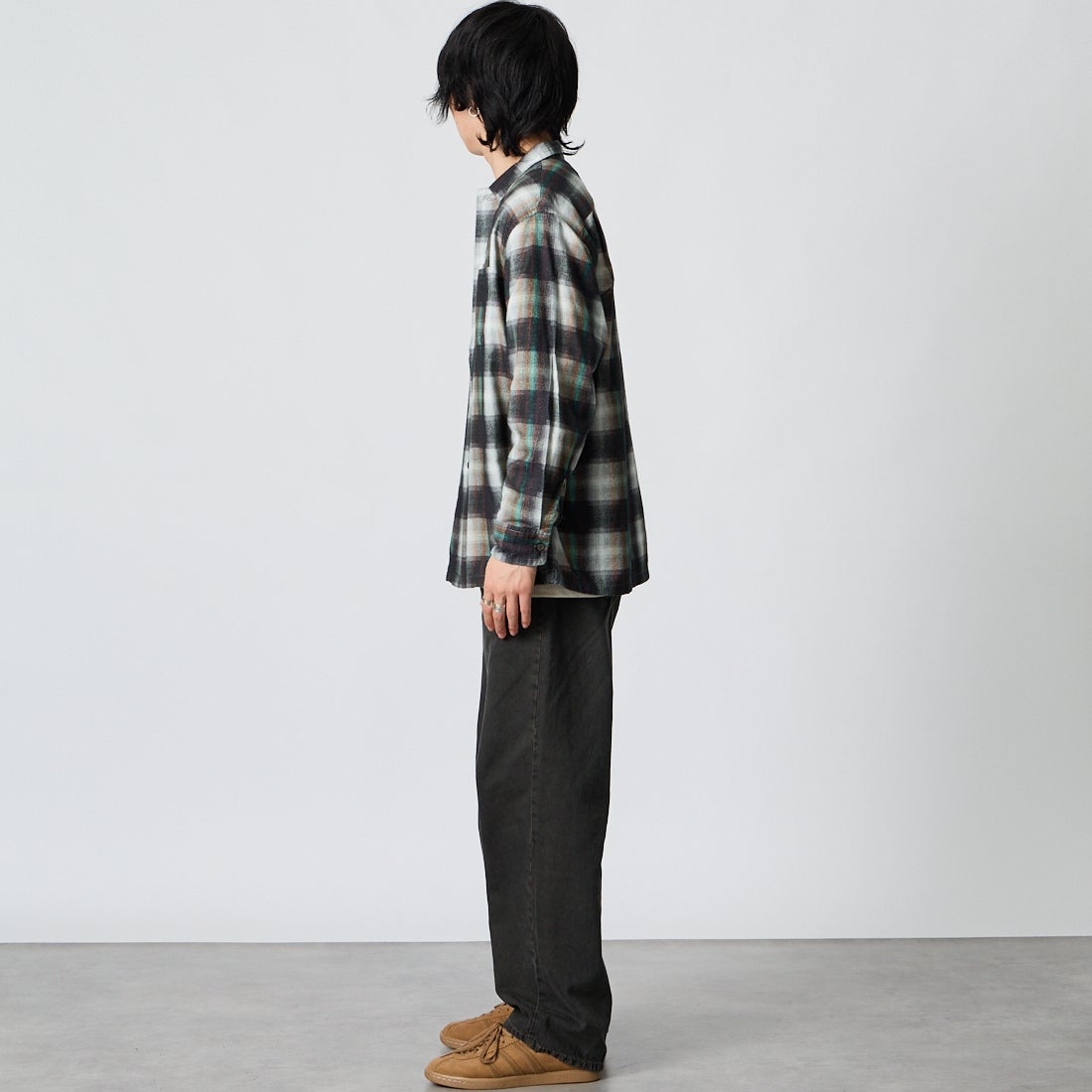 DAN RIVER [ダンリバー] 別注 プリントネルダブルポケットボックスシャツ [DR26F002-JF]GREEN CHK &&モデル身長：177cm 着用サイズ：M&&