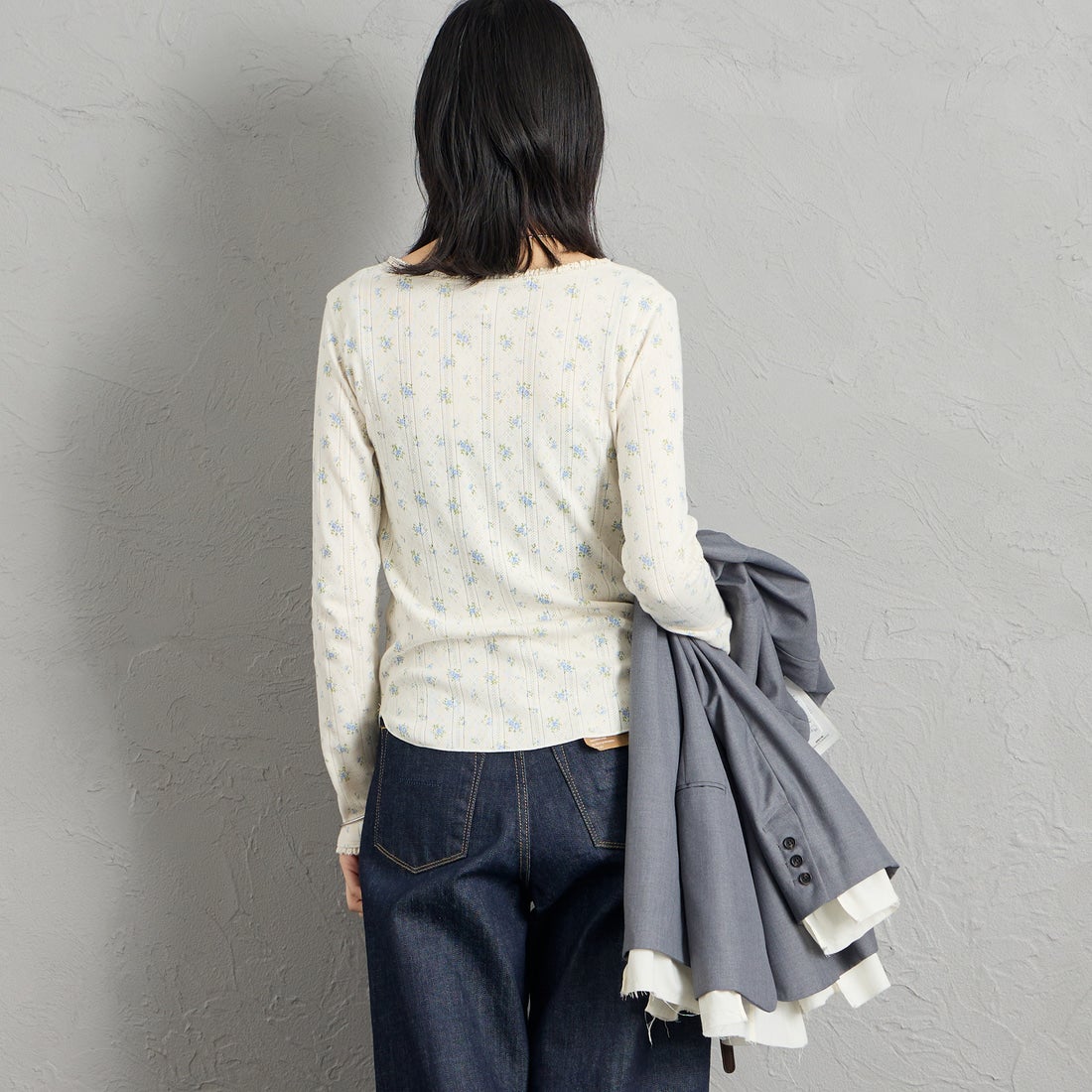 JE MORGAN [ジェイイーモーガン] レーストリミングカットソー [JG026-59S] 83 NAT/BLU &&モデル身長：162cm 着用サイズ：F&&