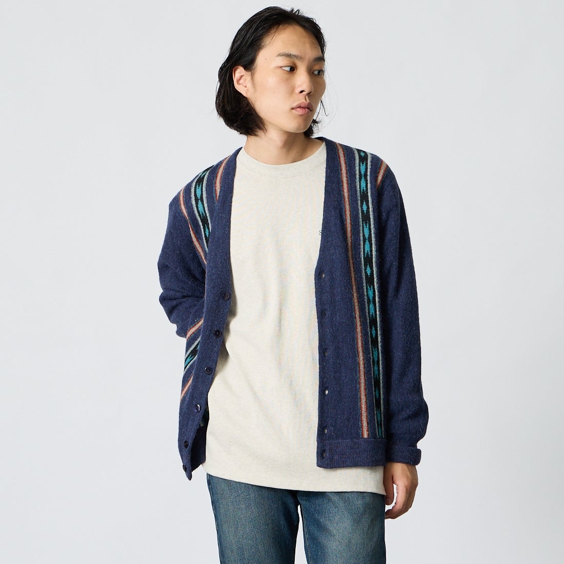 PENDLETON [ペンドルトン] アルパカ混 ネイティブストライプカーディガン [6575-6012] 67 NAVY RI &&モデル身長：175cm 着用サイズ：M&&