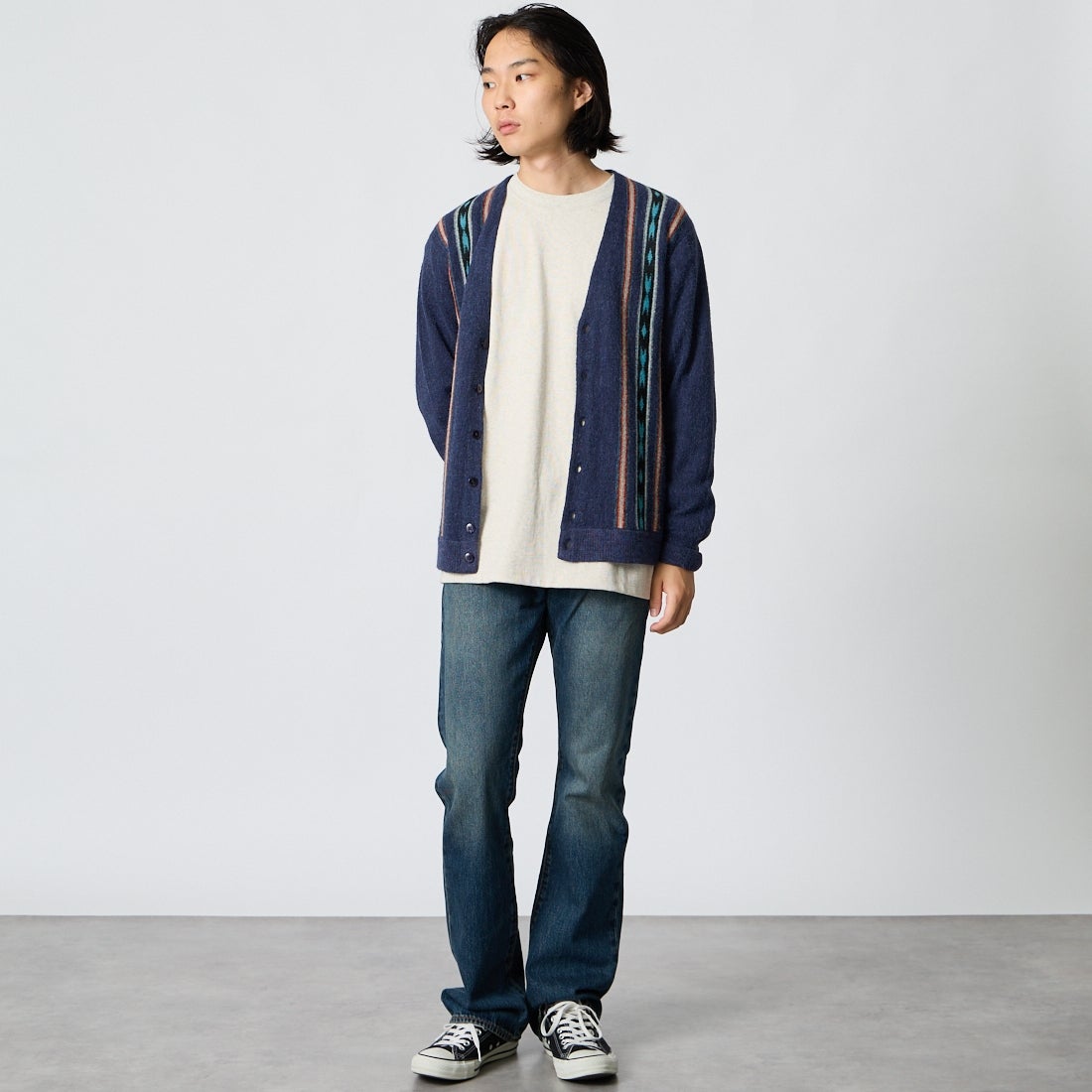 PENDLETON [ペンドルトン] アルパカ混 ネイティブストライプカーディガン [6575-6012] 67 NAVY RI &&モデル身長：175cm 着用サイズ：M&&