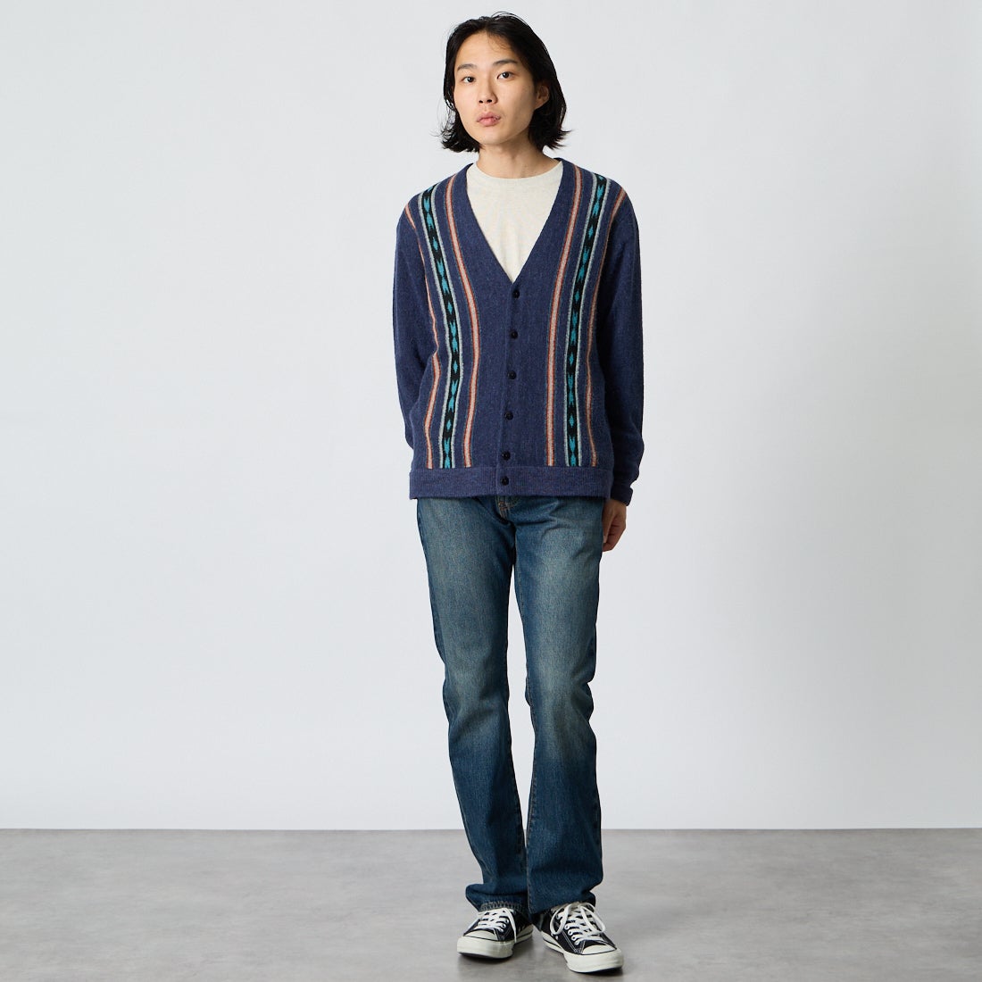 PENDLETON [ペンドルトン] アルパカ混 ネイティブストライプカーディガン [6575-6012] 67 NAVY RI &&モデル身長：175cm 着用サイズ：M&&