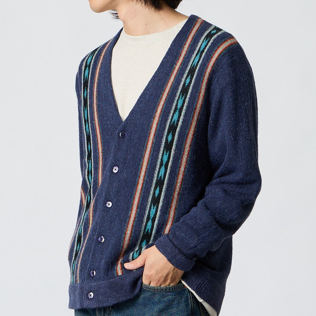 PENDLETON [ペンドルトン] アルパカ混 ネイティブストライプカーディガン [6575-6012] 67 NAVY RI &&モデル身長：175cm 着用サイズ：M&&