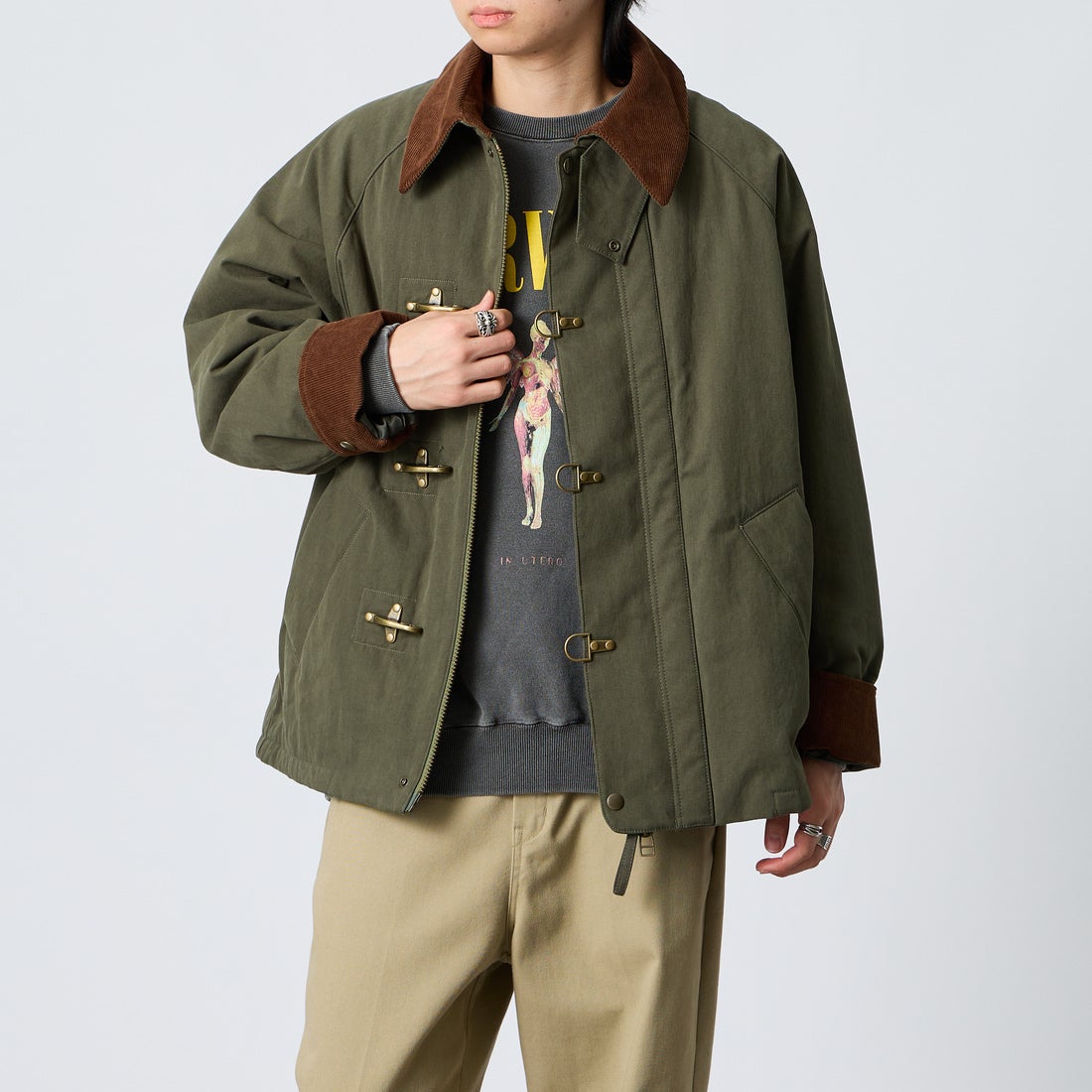 ARMY TWILL SANFORIZED [アーミーツイル サンフォライズド] 別注 中綿入り FIREMANミリタリージャケット [AM-2654501-INT-JF] SAGE &&モデル身長：177cm 着用サイズ：L&&