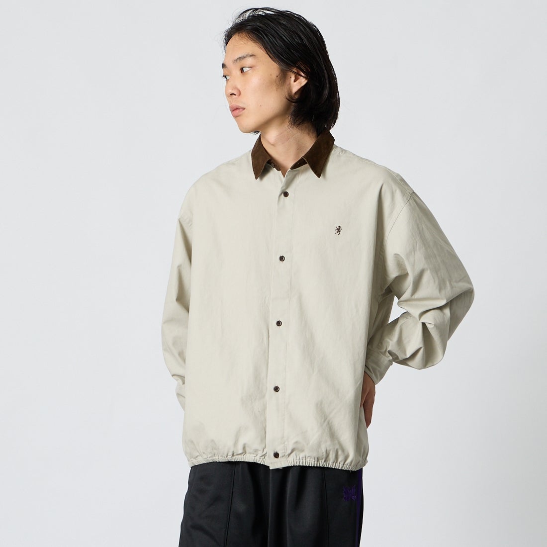 Gymphlex [ジムフレックス] ロングスリーブショートシャツ [GY-B0504CZX] BEIGE/BROW &&モデル身長：175cm 着用サイズ：M&&
