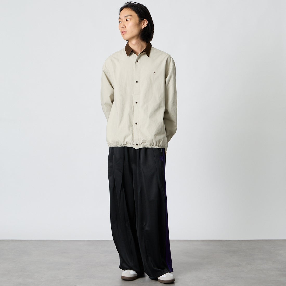 Gymphlex [ジムフレックス] ロングスリーブショートシャツ [GY-B0504CZX] BEIGE/BROW &&モデル身長：175cm 着用サイズ：M&&
