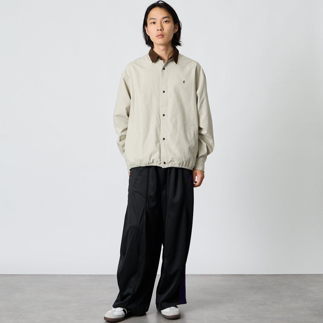 Gymphlex [ジムフレックス] ロングスリーブショートシャツ [GY-B0504CZX] BEIGE/BROW &&モデル身長：175cm 着用サイズ：M&&