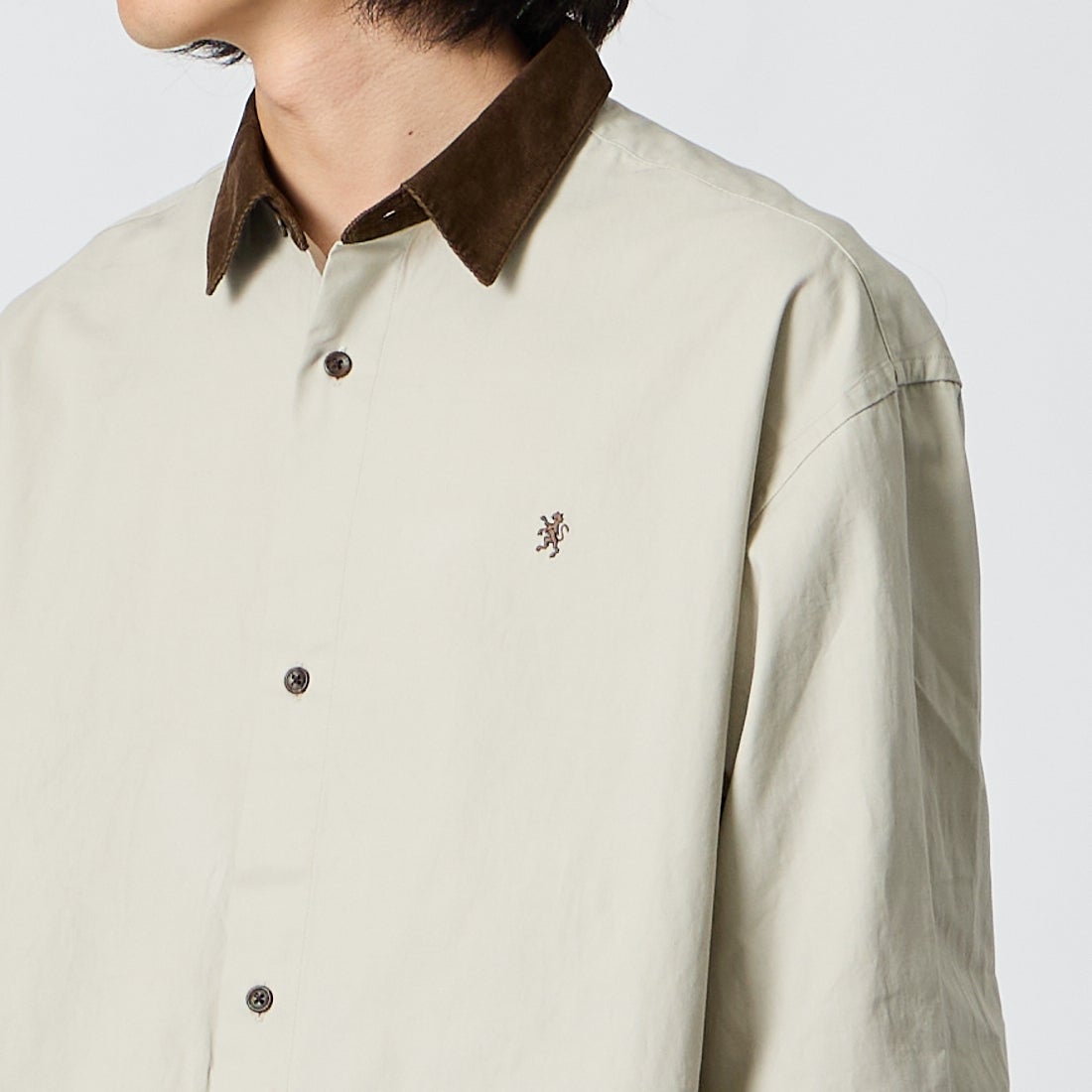 Gymphlex [ジムフレックス] ロングスリーブショートシャツ [GY-B0504CZX] BEIGE/BROW &&モデル身長：175cm 着用サイズ：M&&