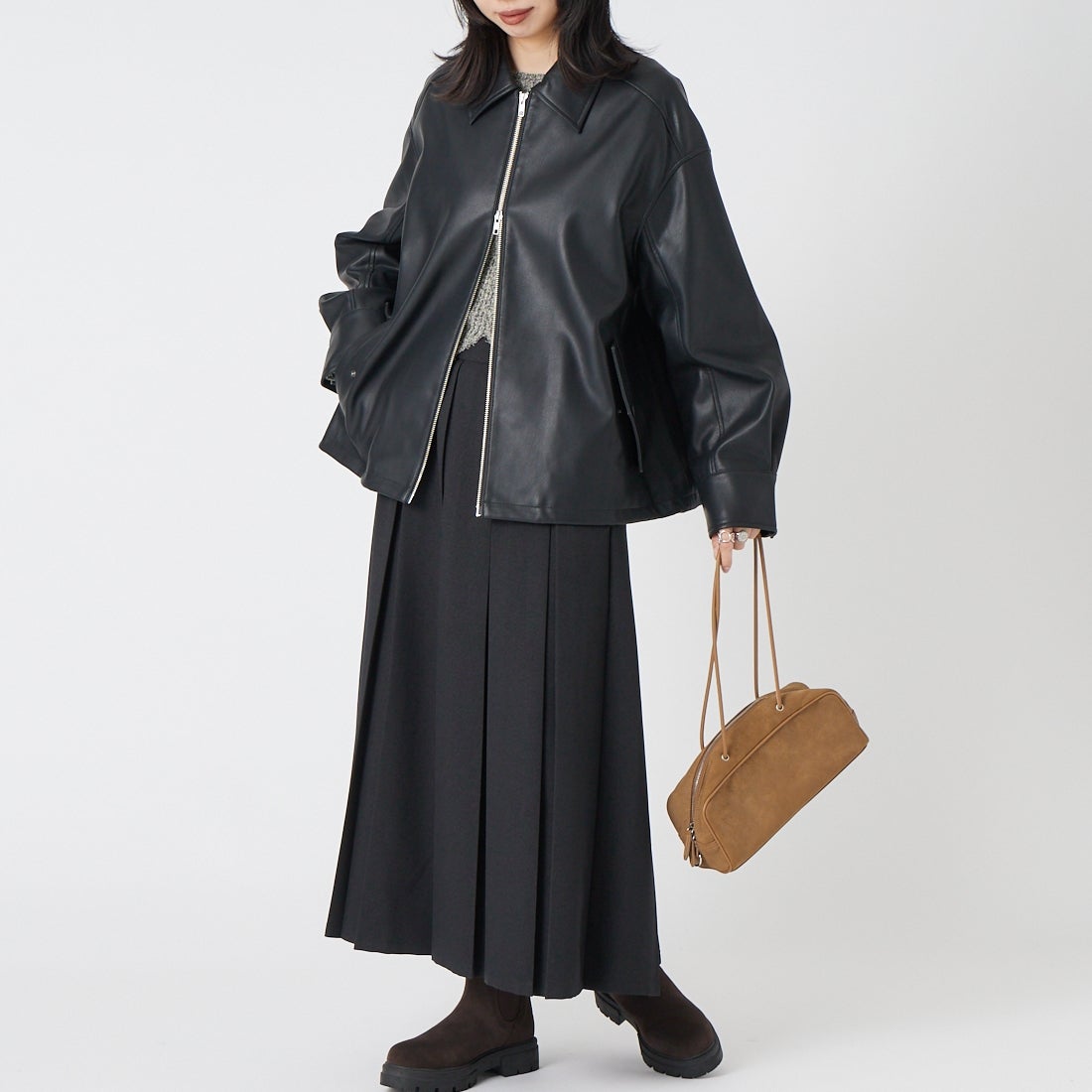 Noir Fabrik [ヌワールファブリック] バルーンレザージャケット [25917-HN] BLACK &&モデル身長：162cm 着用サイズ：F&&