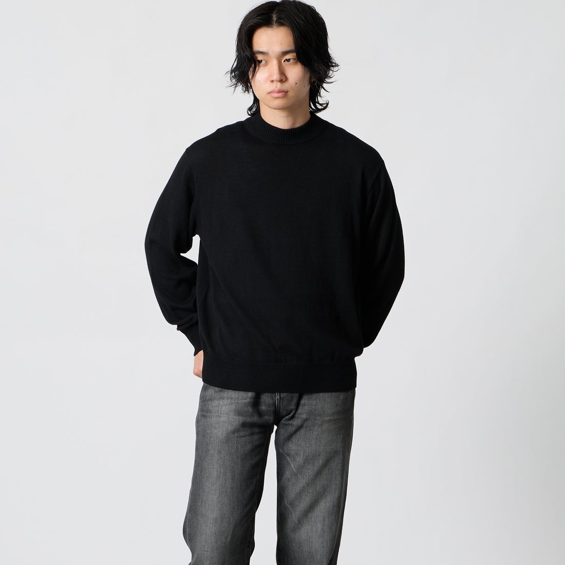 Jeans Factory Clothes [ジーンズファクトリークローズ] 12G メロウヤーン ハイネックニット [26522039] 005 BLACK &&モデル身長：177cm 着用サイズ：M&&