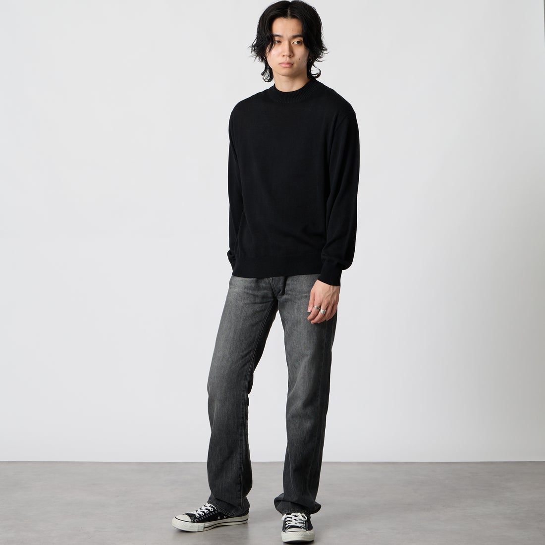 Jeans Factory Clothes [ジーンズファクトリークローズ] 12G メロウヤーン ハイネックニット [26522039] 005 BLACK &&モデル身長：177cm 着用サイズ：M&&