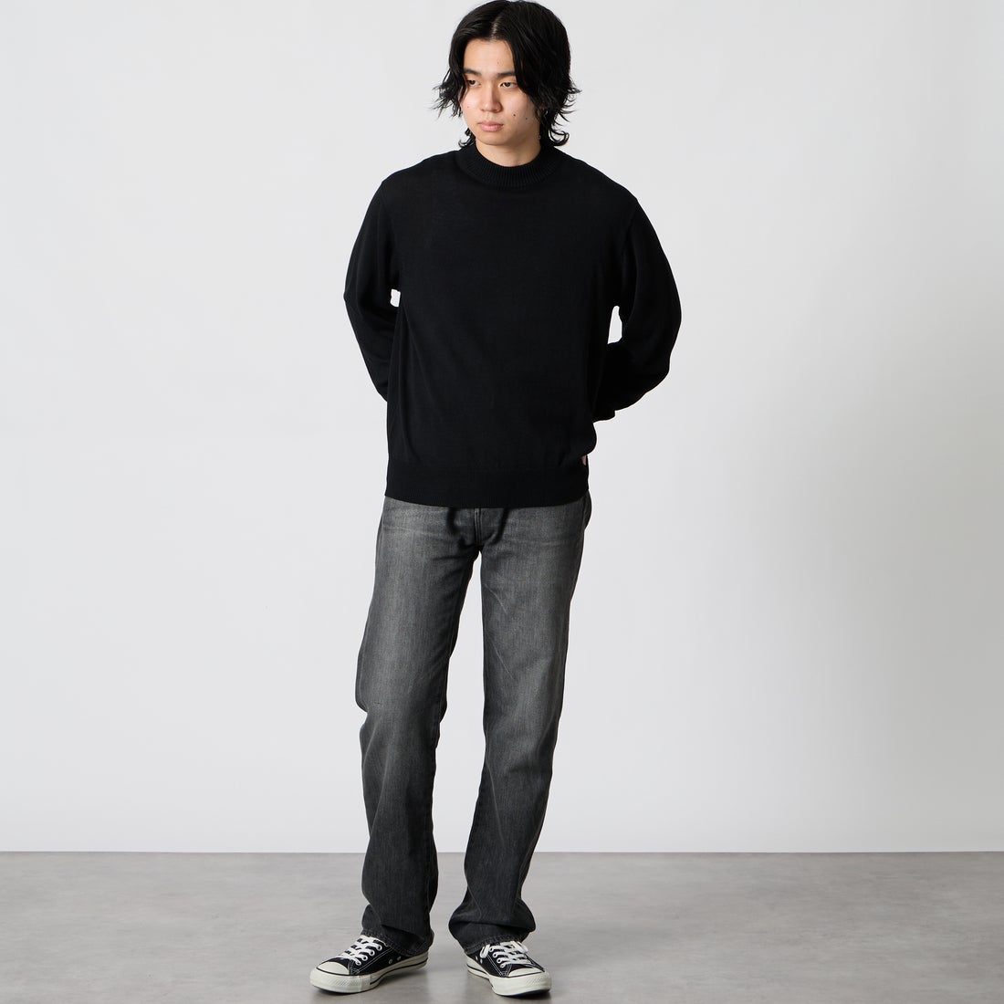 Jeans Factory Clothes [ジーンズファクトリークローズ] 12G メロウヤーン ハイネックニット [26522039] 005 BLACK &&モデル身長：177cm 着用サイズ：M&&