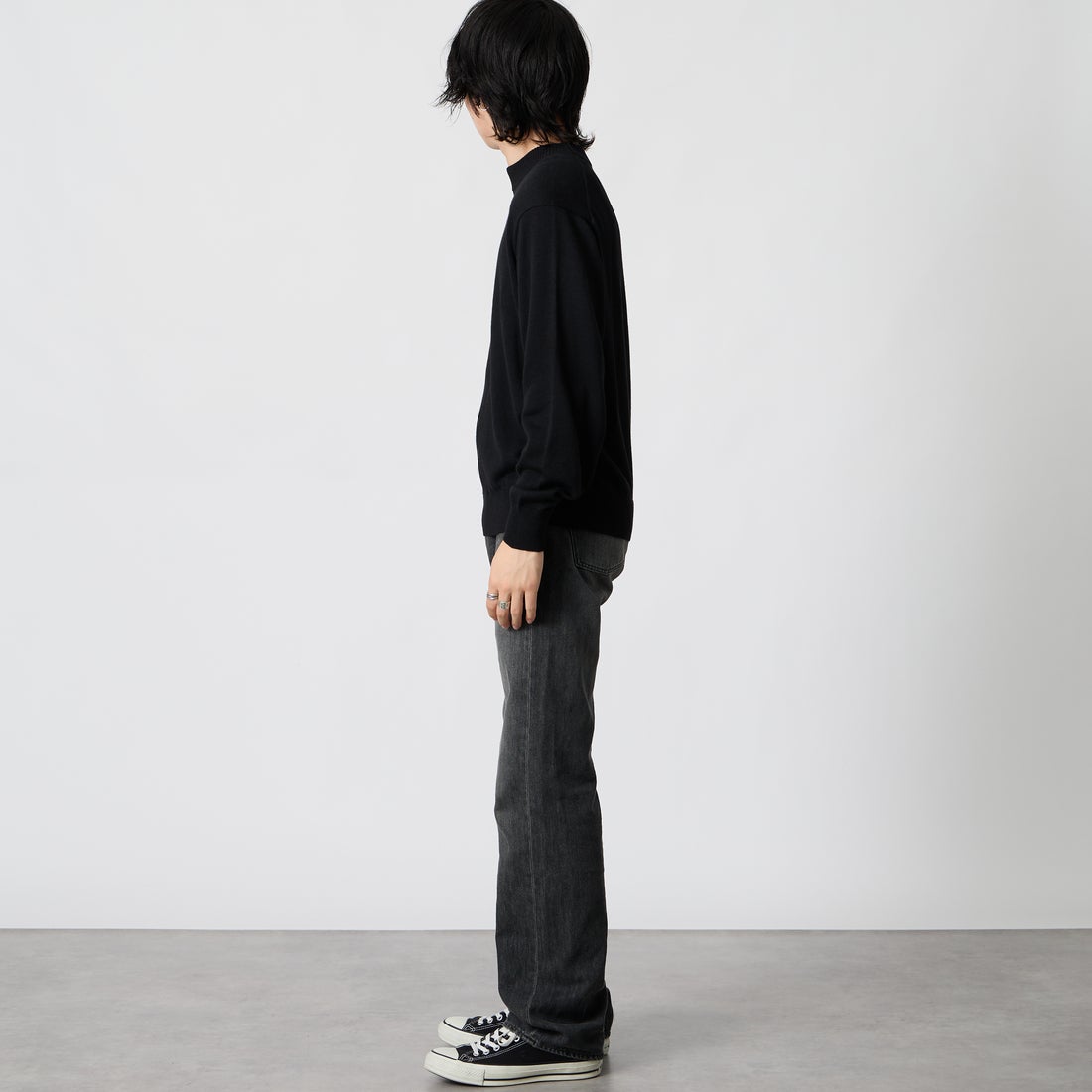 Jeans Factory Clothes [ジーンズファクトリークローズ] 12G メロウヤーン ハイネックニット [26522039] 005 BLACK &&モデル身長：177cm 着用サイズ：M&&