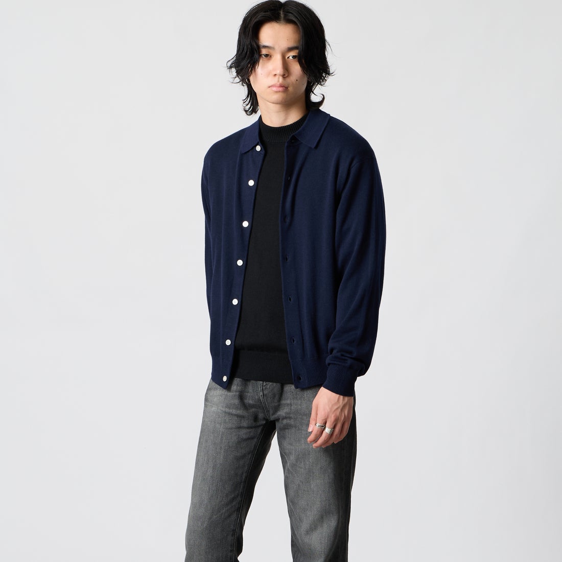 Jeans Factory Clothes [ジーンズファクトリークローズ] 12G メロウヤーン ニットシャツカーディガン [26522049] 705 NAVY &&モデル身長：177cm 着用サイズ：M&&