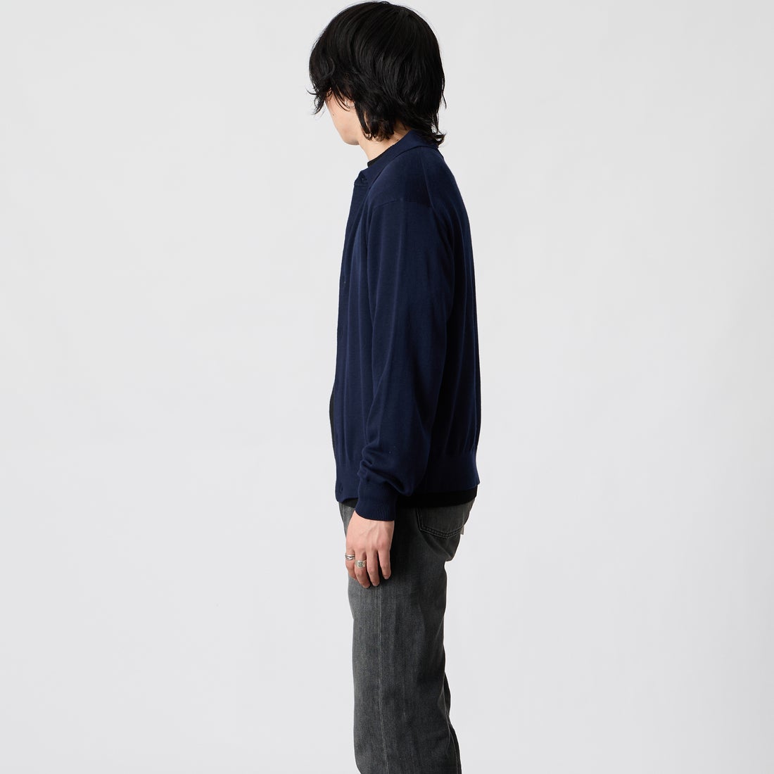 Jeans Factory Clothes [ジーンズファクトリークローズ] 12G メロウヤーン ニットシャツカーディガン [26522049] 705 NAVY &&モデル身長：177cm 着用サイズ：M&&