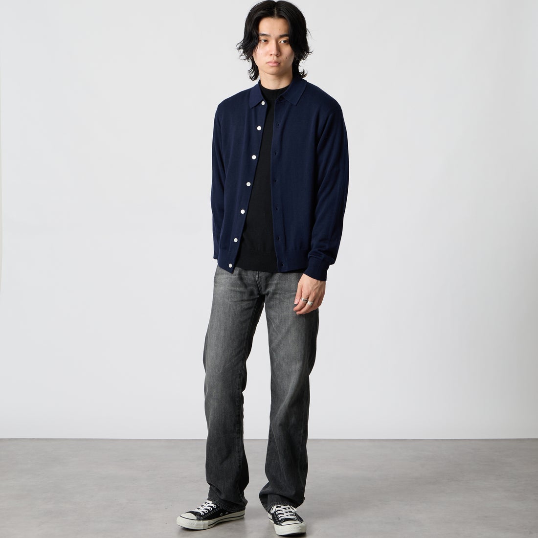 Jeans Factory Clothes [ジーンズファクトリークローズ] 12G メロウヤーン ニットシャツカーディガン [26522049] 705 NAVY &&モデル身長：177cm 着用サイズ：M&&
