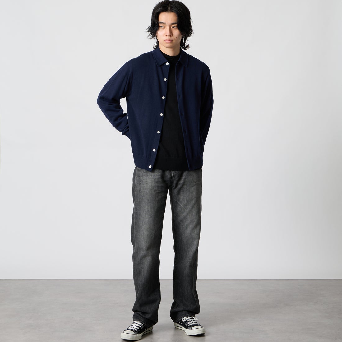 Jeans Factory Clothes [ジーンズファクトリークローズ] 12G メロウヤーン ニットシャツカーディガン [26522049] 705 NAVY &&モデル身長：177cm 着用サイズ：M&&