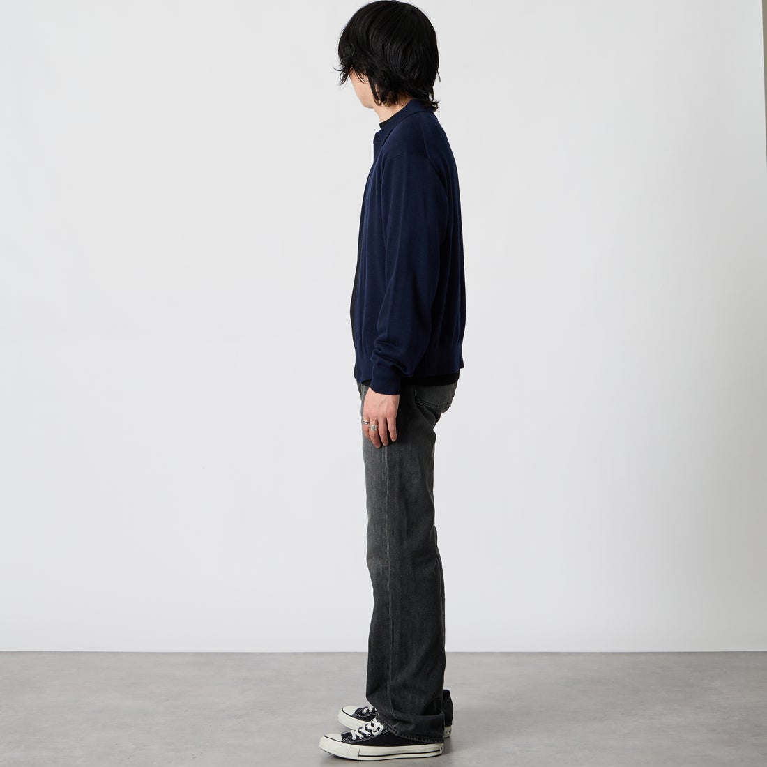 Jeans Factory Clothes [ジーンズファクトリークローズ] 12G メロウヤーン ニットシャツカーディガン [26522049] 705 NAVY &&モデル身長：177cm 着用サイズ：M&&