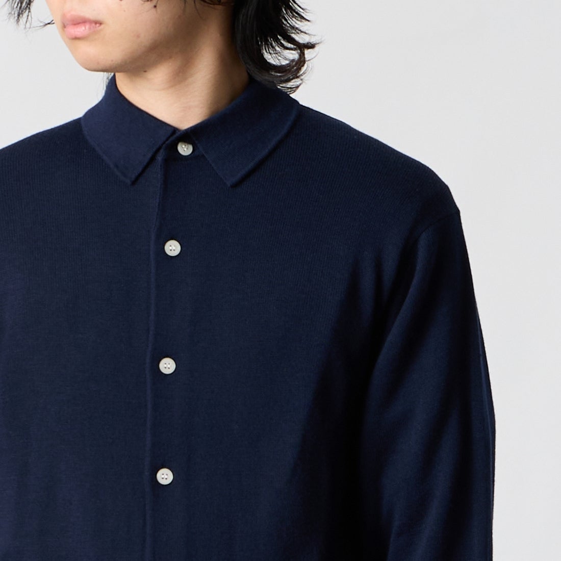 Jeans Factory Clothes [ジーンズファクトリークローズ] 12G メロウヤーン ニットシャツカーディガン [26522049] 705 NAVY &&モデル身長：177cm 着用サイズ：M&&