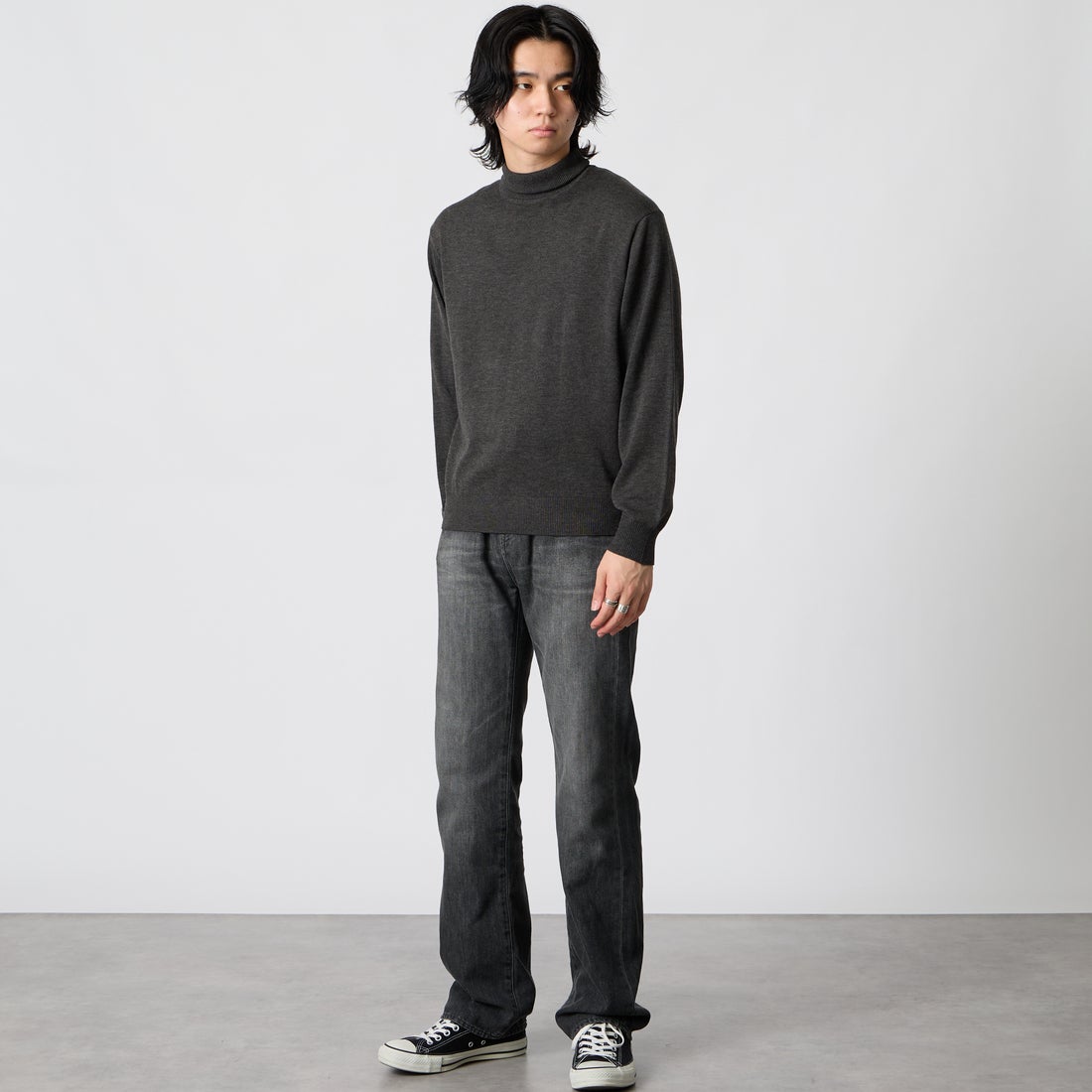 Jeans Factory Clothes [ジーンズファクトリークローズ] 12G メロウヤーン タートルネックニット [26522019] 004 CHARCO &&モデル身長：177cm 着用サイズ：M&&