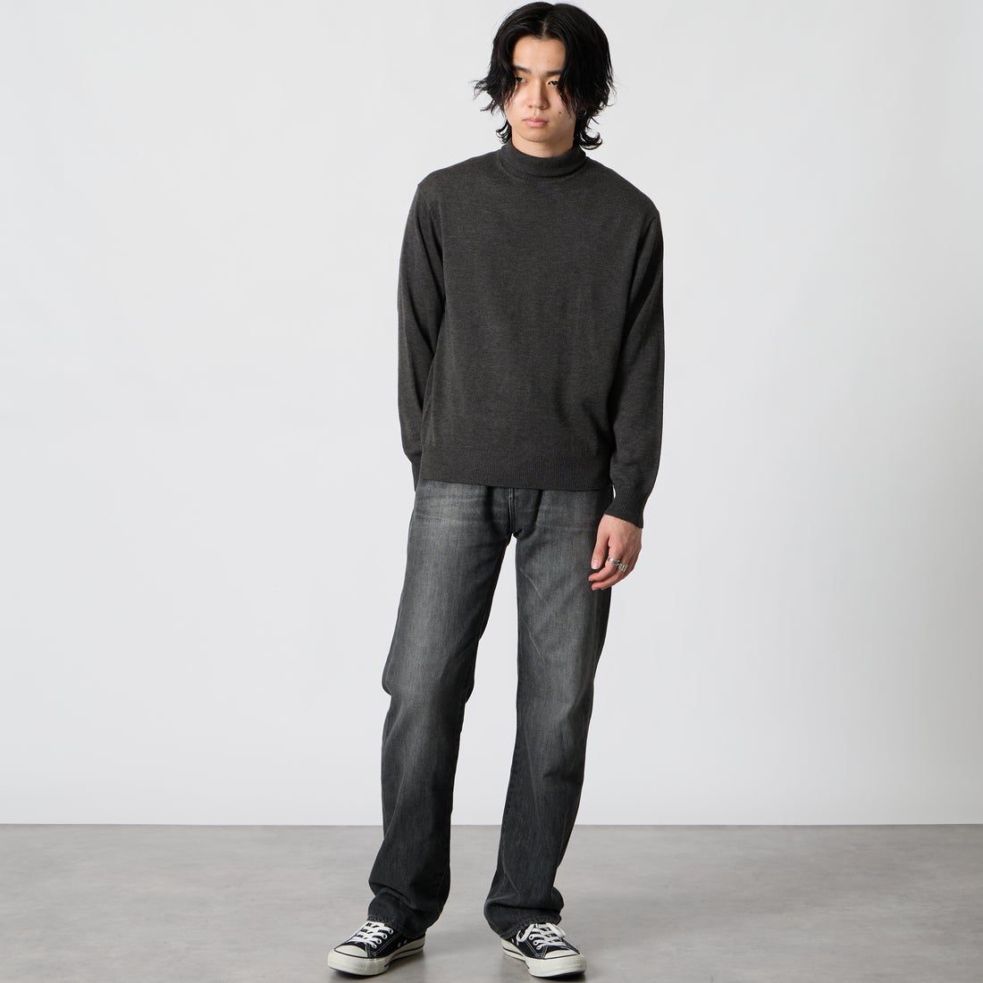 Jeans Factory Clothes [ジーンズファクトリークローズ] 12G メロウヤーン タートルネックニット [26522019] 004 CHARCO &&モデル身長：177cm 着用サイズ：M&&