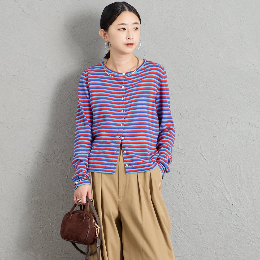 RYE TENDER [ライテンダー] 別注 マルチボーダーカーディガン [101452620-JF] BLUE STRIP &&モデル身長：150cm 着用サイズ：0&&