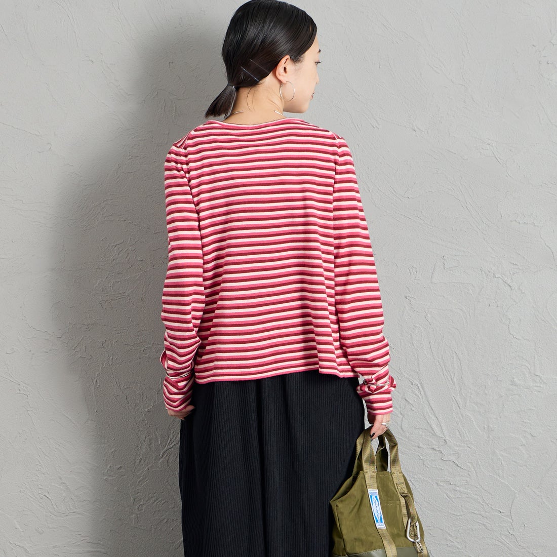 RYE TENDER [ライテンダー] 別注 マルチボーダーカーディガン [101452620-JF] PINK STRIP &&モデル身長：150cm 着用サイズ：0&&