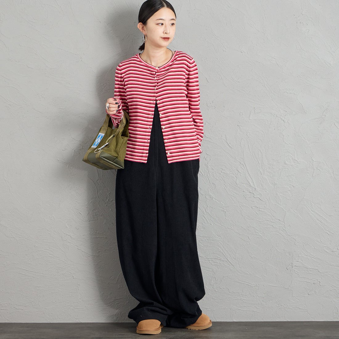 RYE TENDER [ライテンダー] 別注 マルチボーダーカーディガン [101452620-JF] PINK STRIP &&モデル身長：150cm 着用サイズ：0&&