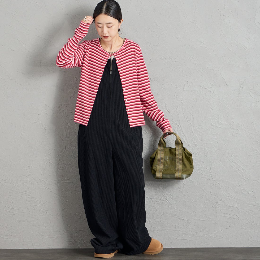 RYE TENDER [ライテンダー] 別注 マルチボーダーカーディガン [101452620-JF] PINK STRIP &&モデル身長：150cm 着用サイズ：0&&