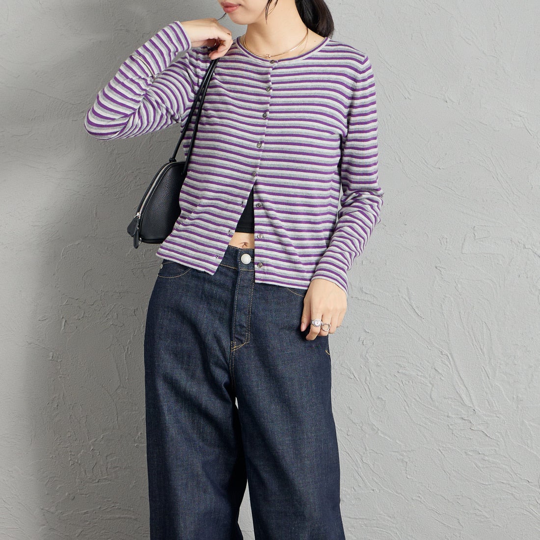 RYE TENDER [ライテンダー] 別注 マルチボーダーカーディガン [101452620-JF] PURPLE STR &&モデル身長：162cm 着用サイズ：0&&