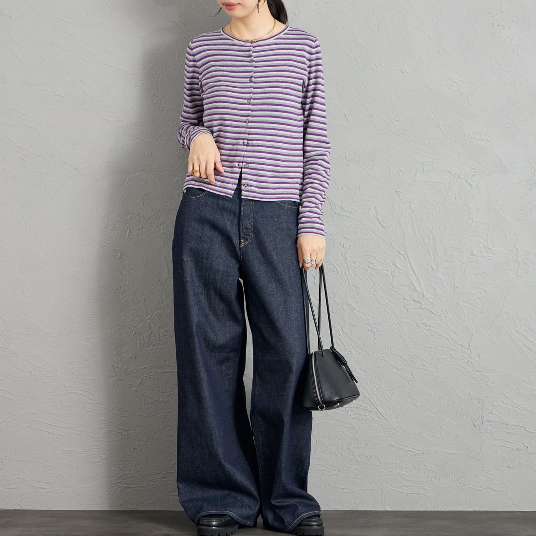 RYE TENDER [ライテンダー] 別注 マルチボーダーカーディガン [101452620-JF] PURPLE STR &&モデル身長：162cm 着用サイズ：0&&