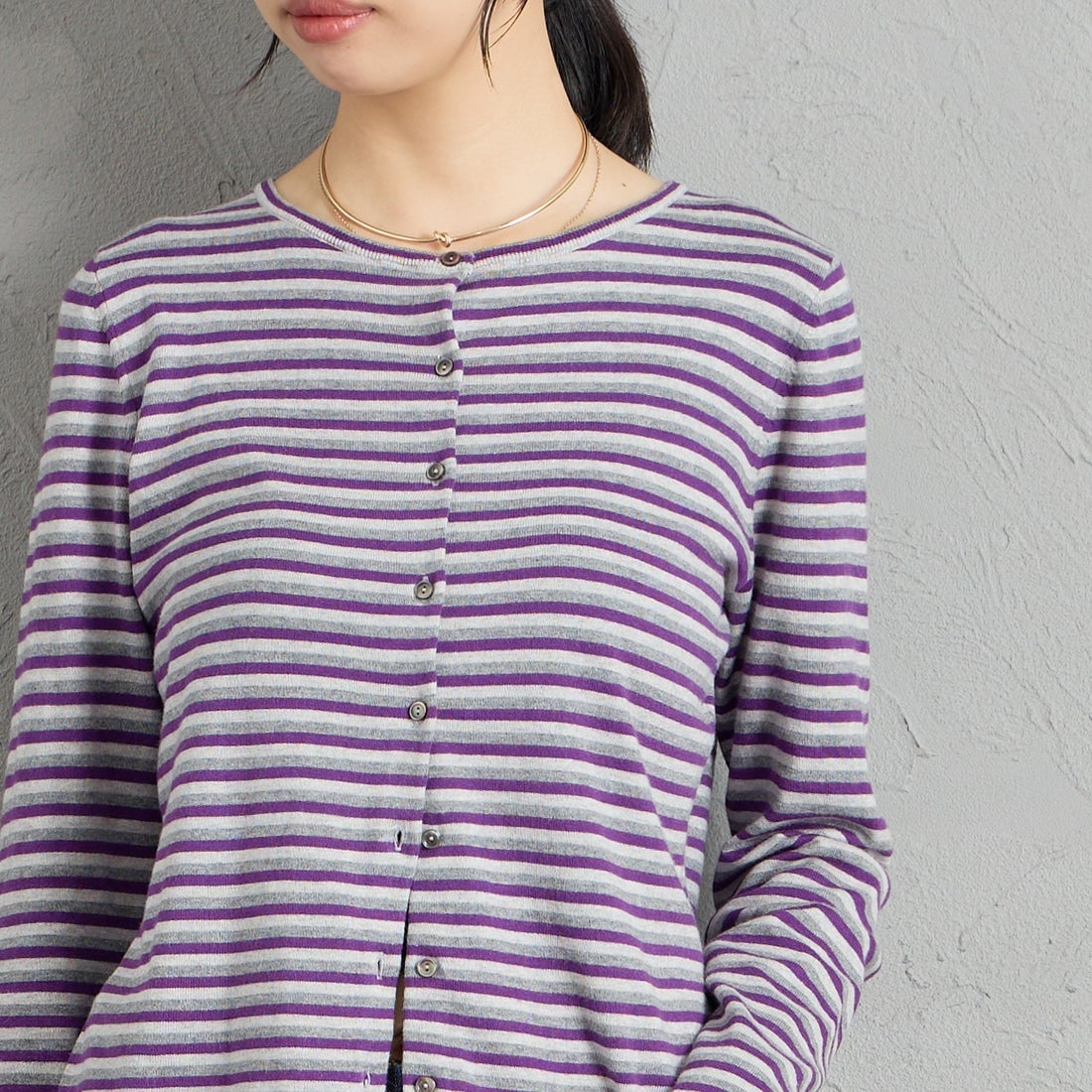 RYE TENDER [ライテンダー] 別注 マルチボーダーカーディガン [101452620-JF] PURPLE STR &&モデル身長：162cm 着用サイズ：0&&