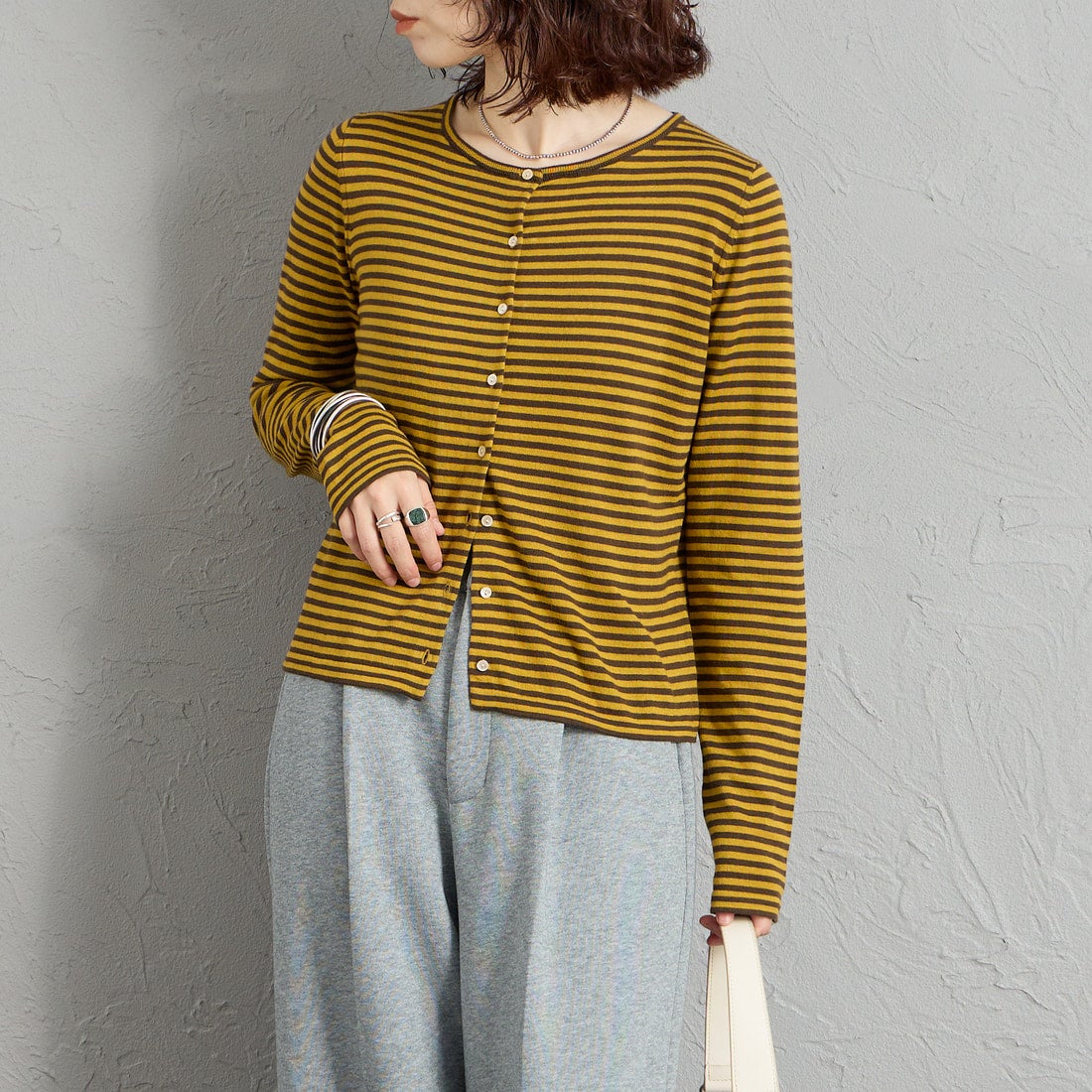RYE TENDER [ライテンダー] 別注 マルチボーダーカーディガン [101452620-JF] YELLOW ST &&モデル身長：158cm 着用サイズ：0&&