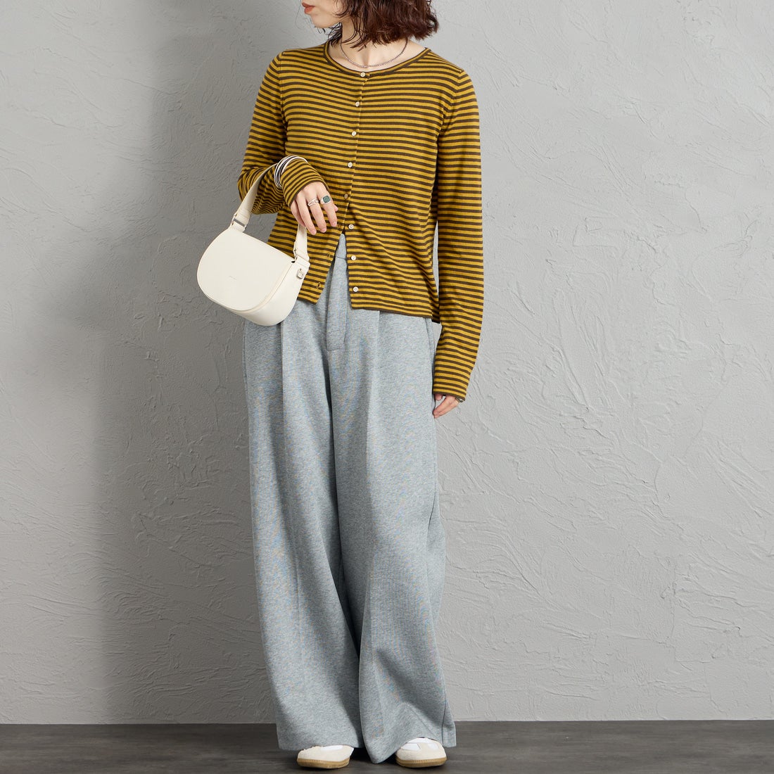 RYE TENDER [ライテンダー] 別注 マルチボーダーカーディガン [101452620-JF] YELLOW ST &&モデル身長：158cm 着用サイズ：0&&
