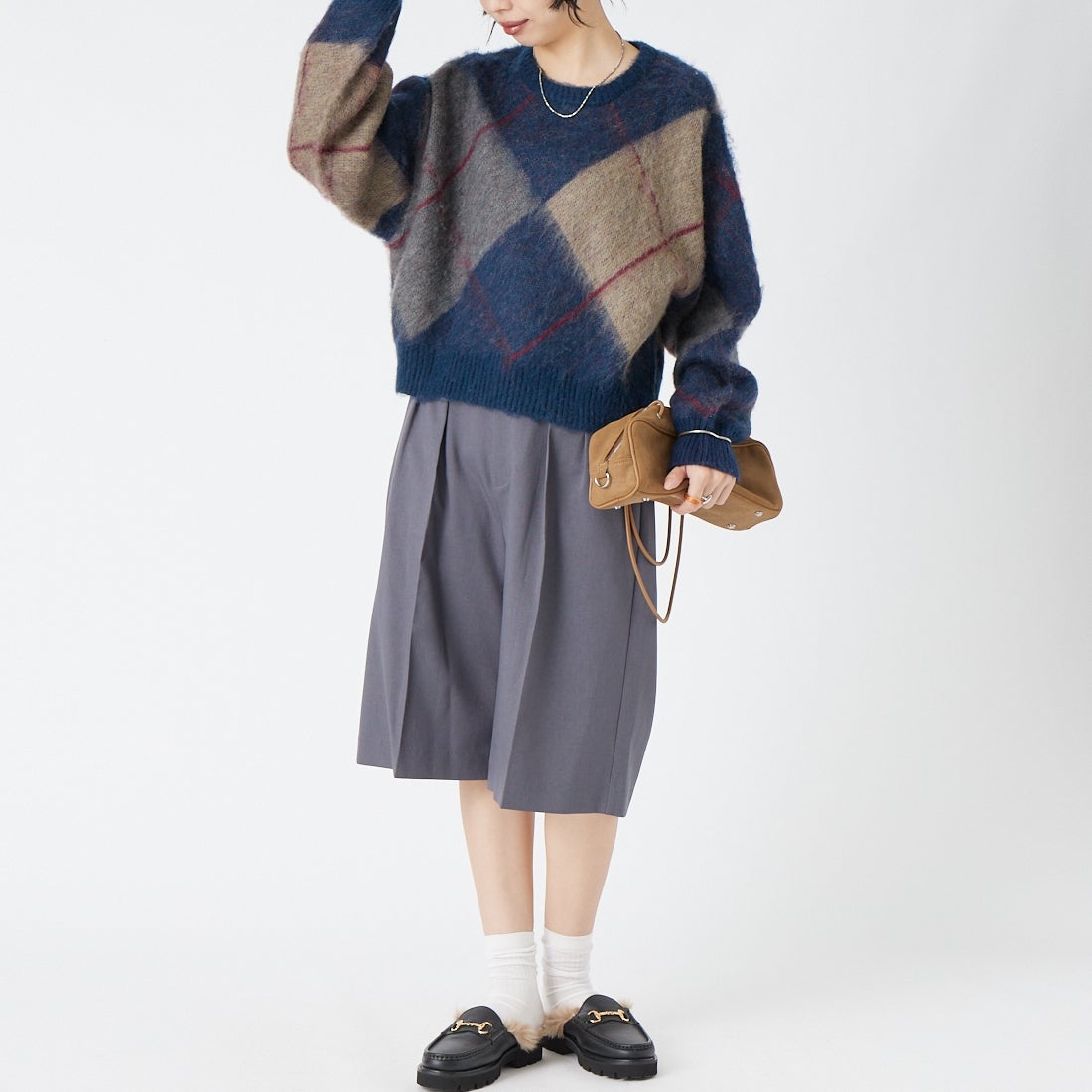 USINE [ユジーヌ] アーガイルモヘアニット [11269847] ﾈｲﾋﾞｰ &&モデル身長：162cm 着用サイズ：F&&