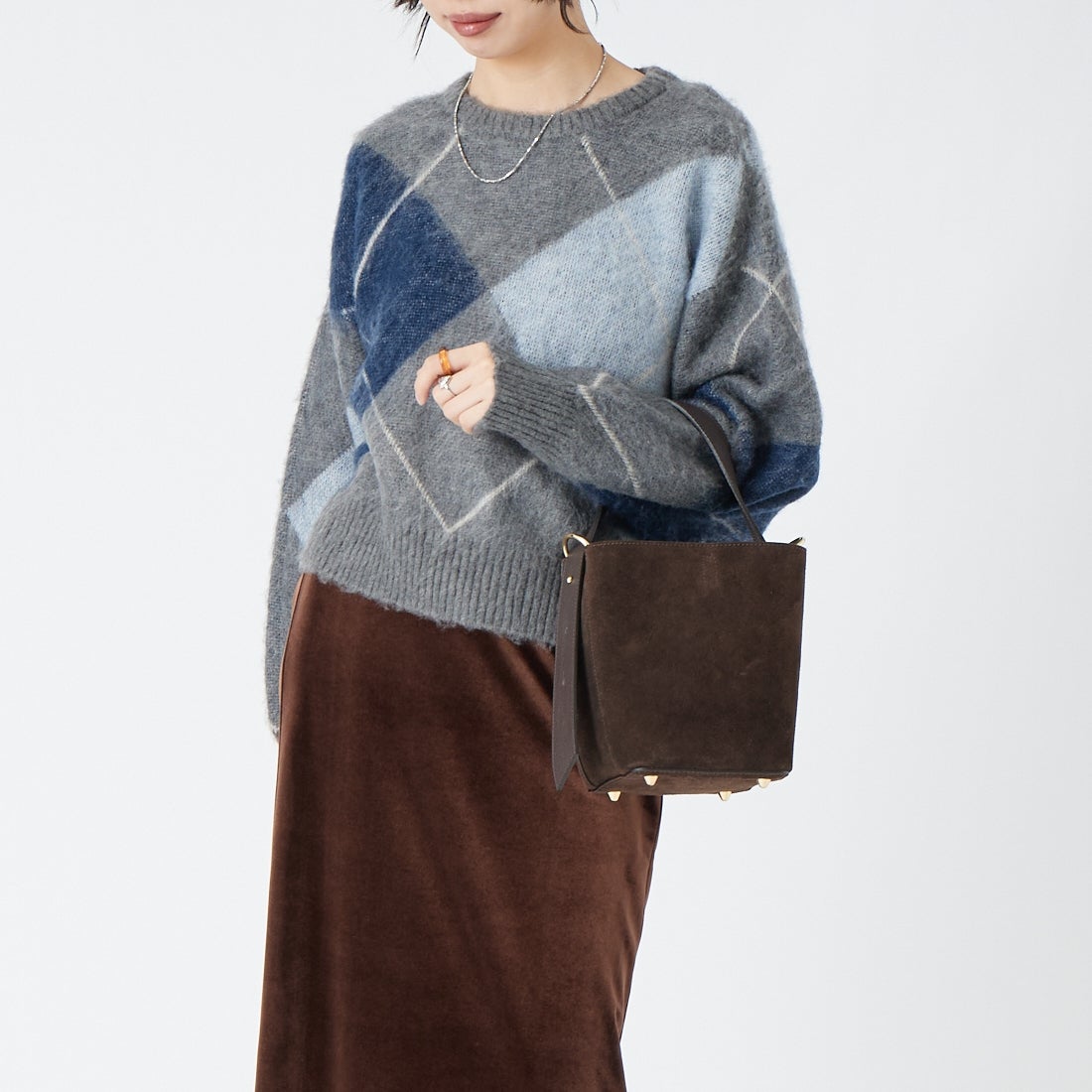 USINE [ユジーヌ] アーガイルモヘアニット [11269847] ﾁｬｺｰﾙ &&モデル身長：162cm 着用サイズ：F&&