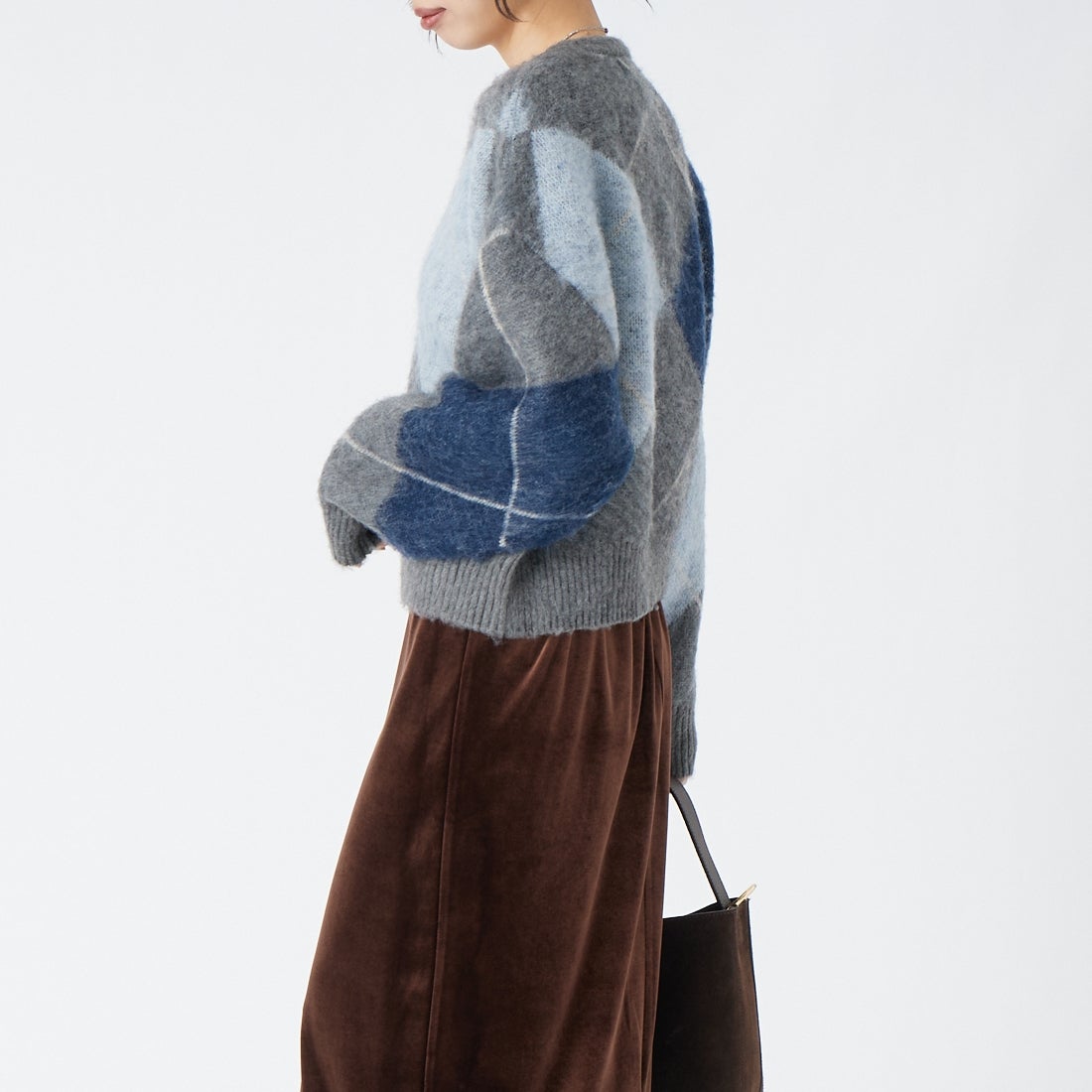 USINE [ユジーヌ] アーガイルモヘアニット [11269847] ﾁｬｺｰﾙ &&モデル身長：162cm 着用サイズ：F&&
