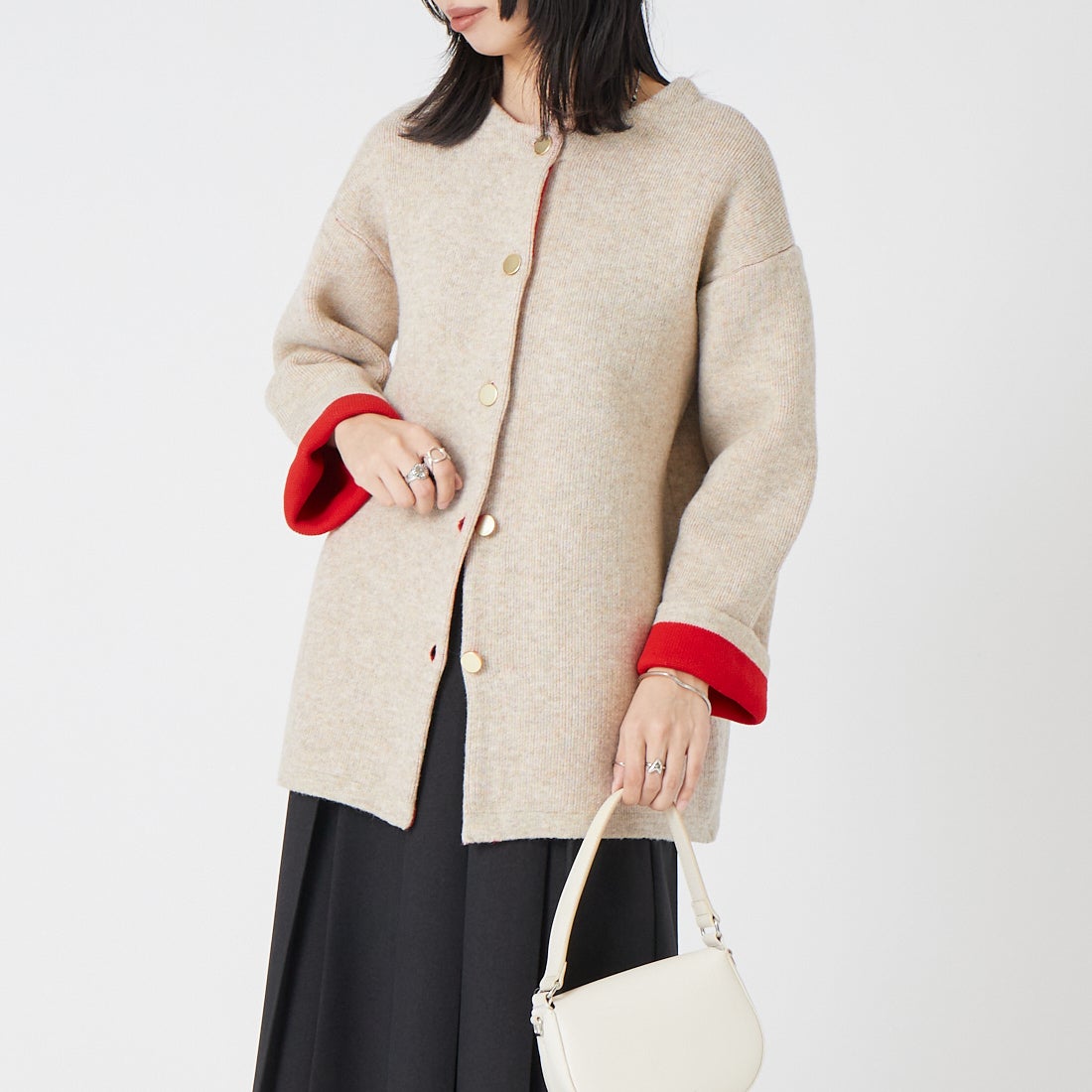 Maison de L'allure [メゾン ドゥ ラリュール] ダブルフェイスニットコート [M24131036-1] 22 BEG/RED &&モデル身長：162cm 着用サイズ：F&&