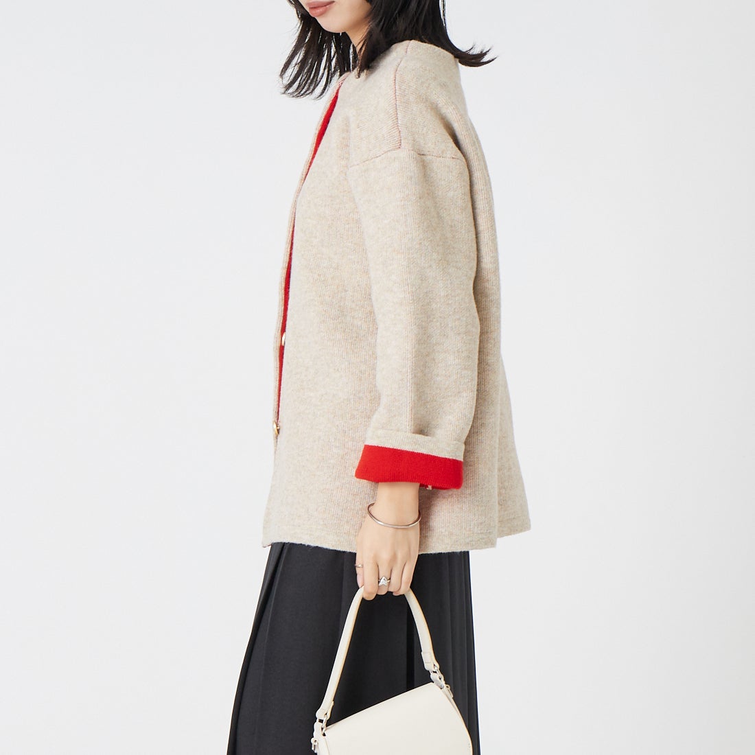 Maison de L'allure [メゾン ドゥ ラリュール] ダブルフェイスニットコート [M24131036-1] 22 BEG/RED &&モデル身長：162cm 着用サイズ：F&&