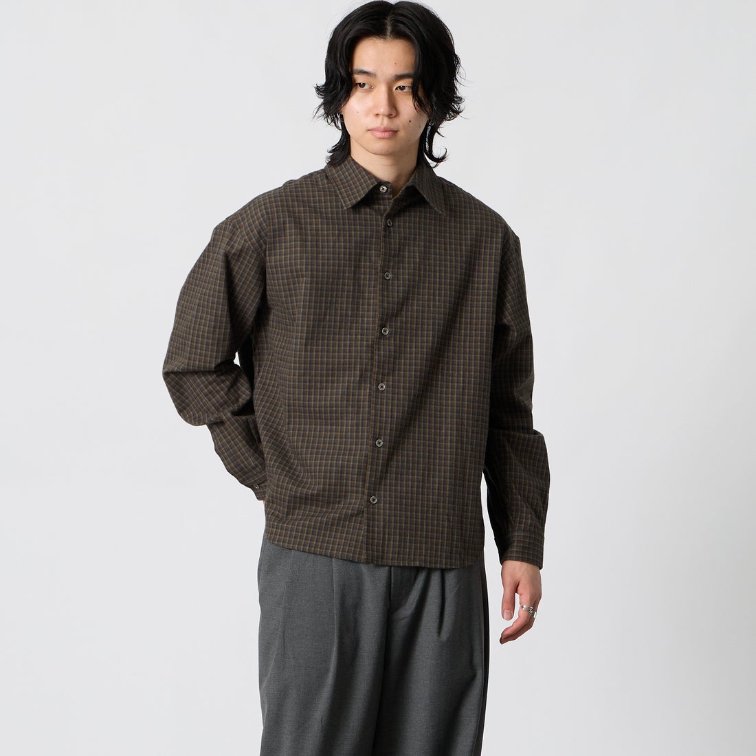 SLICK [スリック] フランネルクラシックチェック レギュラーカラーシャツ [5120330] 500 BROWN &&モデル身長：177cm 着用サイズ：1&&