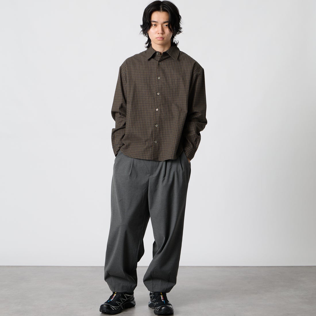 SLICK [スリック] フランネルクラシックチェック レギュラーカラーシャツ [5120330] 500 BROWN &&モデル身長：177cm 着用サイズ：1&&