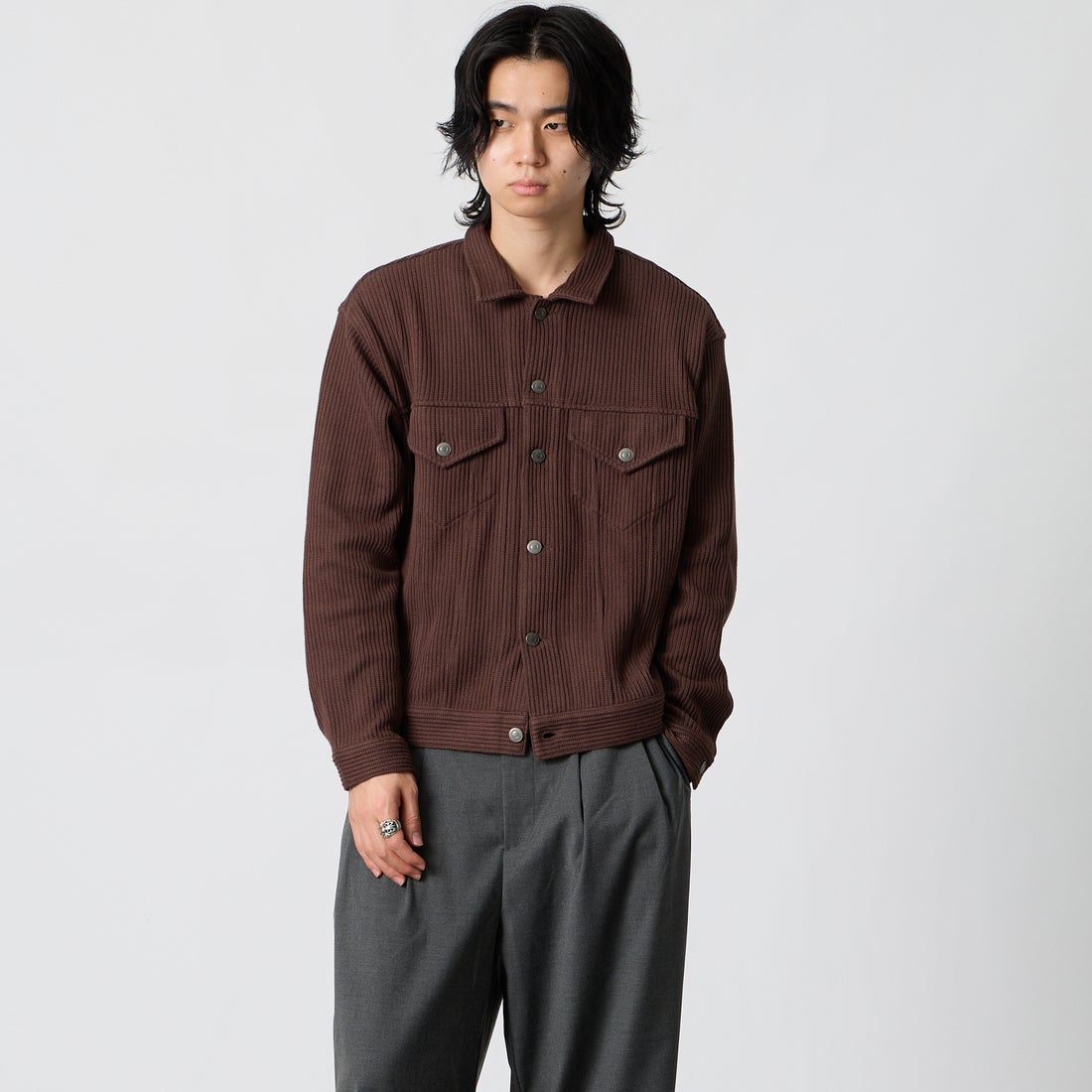 SLICK [スリック] クォーターゲージリブニット トラッカージャケット [5110333] 500 BROWN &&モデル身長：177cm 着用サイズ：1&&