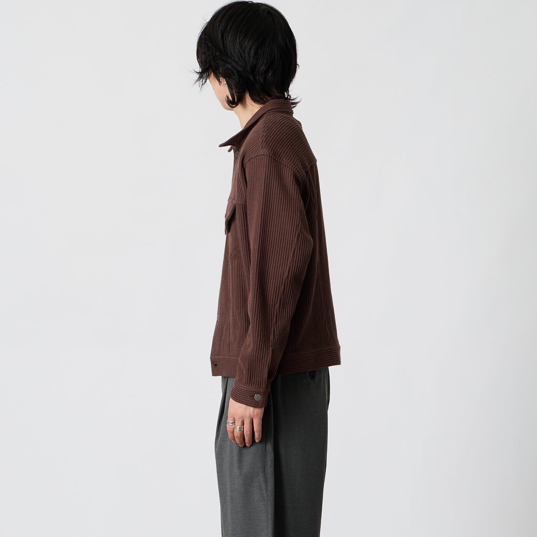 SLICK [スリック] クォーターゲージリブニット トラッカージャケット [5110333] 500 BROWN &&モデル身長：177cm 着用サイズ：1&&