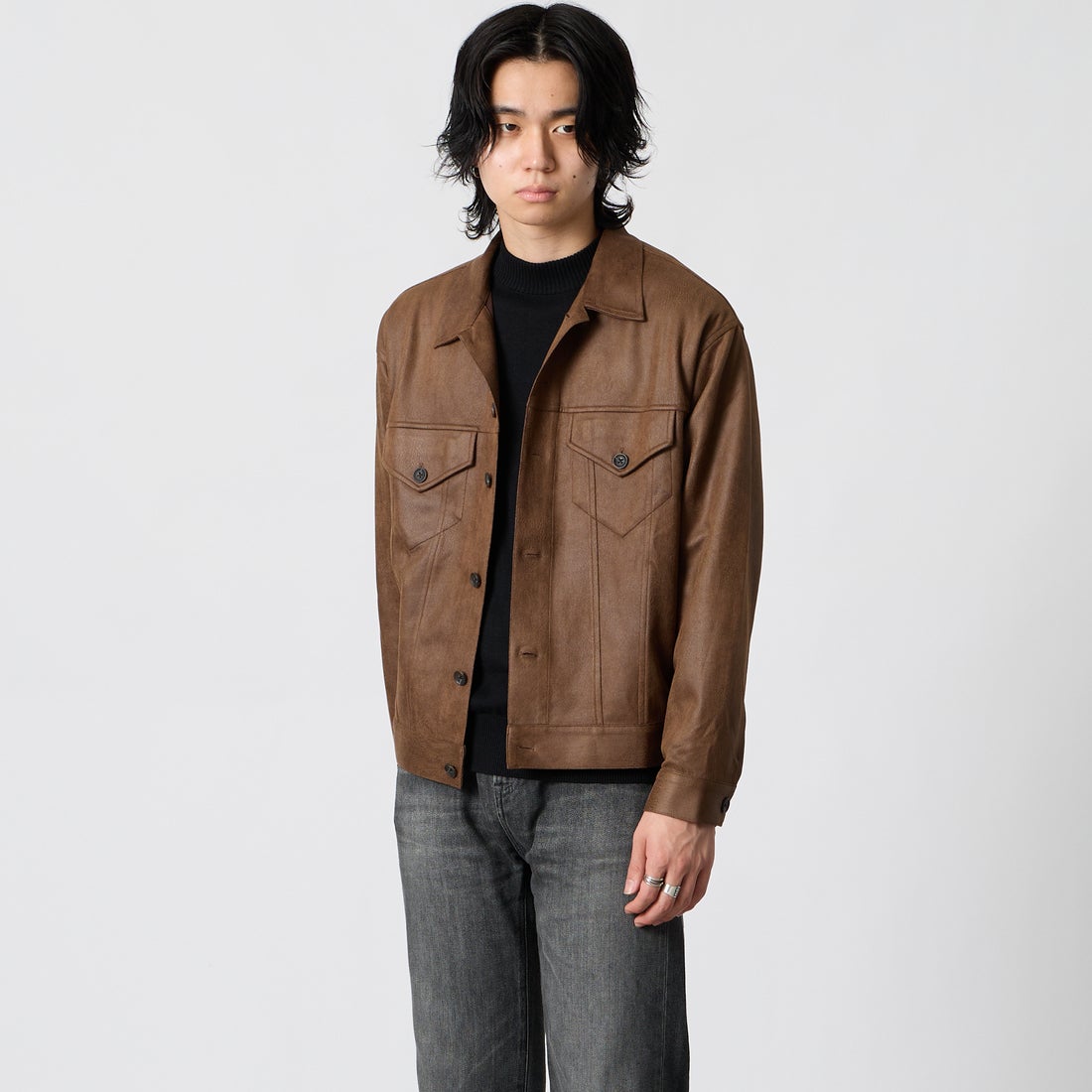 SLICK [スリック] ダブルクロスシンセティックレザー トラッカーシャツジャケット [5120328] 500 BROWN &&モデル身長：177cm 着用サイズ：1&&