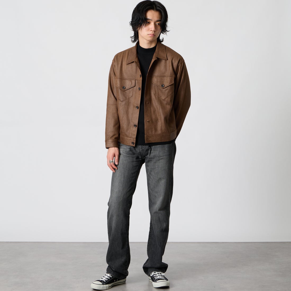 SLICK [スリック] ダブルクロスシンセティックレザー トラッカーシャツジャケット [5120328] 500 BROWN &&モデル身長：177cm 着用サイズ：1&&