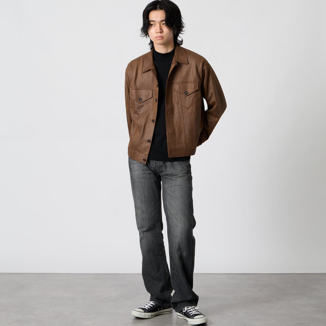 SLICK [スリック] ダブルクロスシンセティックレザー トラッカーシャツジャケット [5120328] 500 BROWN &&モデル身長：177cm 着用サイズ：1&&