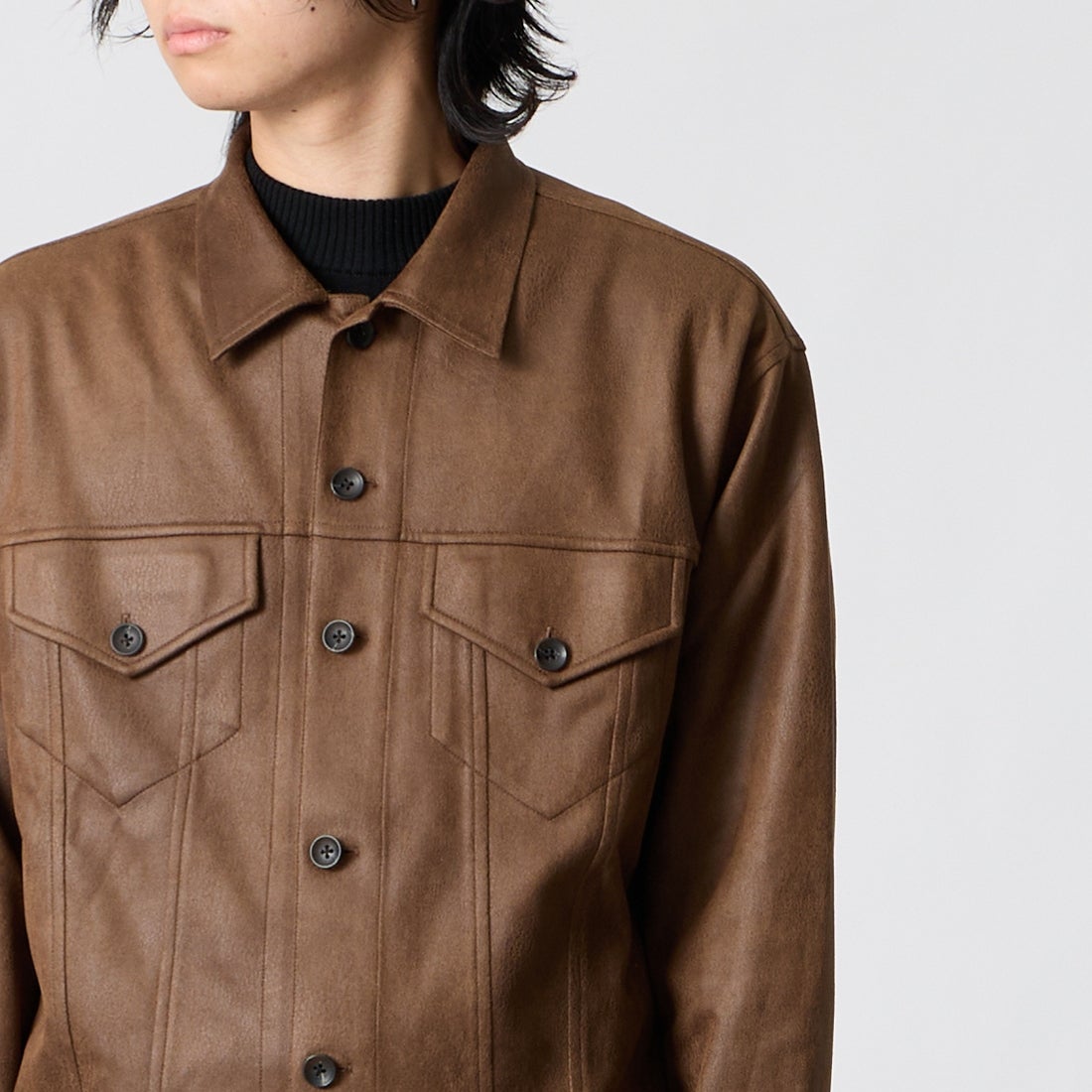 SLICK [スリック] ダブルクロスシンセティックレザー トラッカーシャツジャケット [5120328] 500 BROWN &&モデル身長：177cm 着用サイズ：1&&