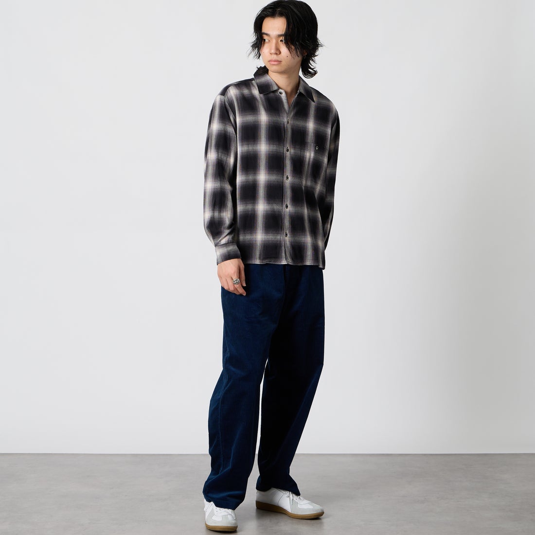 MANUAL ALPHABET [マニュアルアルファベット] オンブレチェックロングスリーブシャツ [MA-S-856] BLACK &&モデル身長：177cm 着用サイズ：2&&