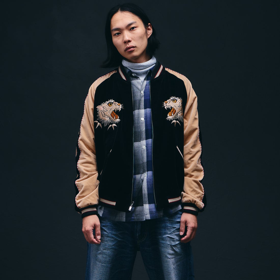 TAILOR TOYO [テーラートウヨウ] 別珍2トーン スーベニアジャケット [TT15975] 119 BLK/BE &&モデル身長：175cm 着用サイズ：L&&